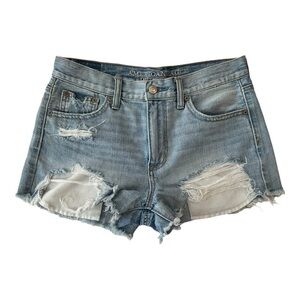 AEO Vintage Hi Rise Festival Denim Jean Shorts SZ 4 Medium Ripped Wash
